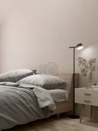 Foto de Moderno dormitorio beige de lujo con cama de madera, manta gris y almohada, mesita de noche, lámpara de pie negra a la luz del sol de la cortina de la ventana en la pared de estuco marrón para el fondo de diseño interior 3D - Imagen libre de derechos