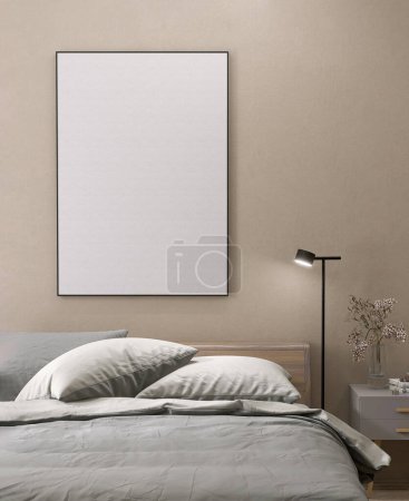 Téléchargez les photos : Grand cadre blanc blanc vierge avec bord noir dans une chambre marron beige moderne, lit de tête de lit en bois, couverture grise, oreiller, table de chevet à la lumière du soleil. Modèle de fond 3D - en image libre de droit
