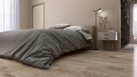 Foto de Dormitorio de lujo, de color beige moderno con vestidor, cama de madera, manta gris, mesita de noche, baño con luz solar de la cortina de la ventana en la pared de estuco marrón. Fondo de diseño interior 3D - Imagen libre de derechos