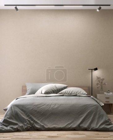 Photo for Modern, luxury beige bedroom with wooden bed, gray blanket and pillow, bedside table, black floor lamp in sunlight from window curtain on brown stucco wall for interior design background 3D - Royalty Free Image