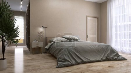 Photo for Luxury, modern beige bedroom with walk in closet, wooden bed, gray blanket, bedside table, bathroom in sunlight from window curtain on brown stucco wall. Interior design background 3D - Royalty Free Image