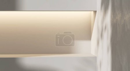 Téléchargez les photos : Crème encastrée étagère murale, lumière cachée dans moderne, salle de bain murale en béton gris minimal dans la lumière du soleil applaudi, ombre de feuille pour la beauté de luxe, cosmétique, maquillage, articles de toilette fond du produit 3D Fermer - en image libre de droit