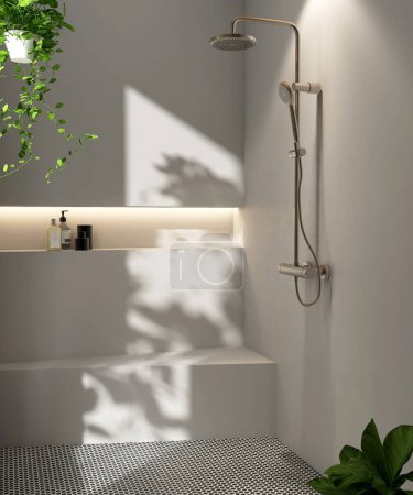 Téléchargez les photos : Banc de douche en béton moderne, salle de bain beige gris luxe, étagère murale encastrée, rail de douche réglable, sol en mosaïque à la lumière du soleil, ombre de feuille de fenêtre pour le design d'intérieur fond du produit 3D - en image libre de droit