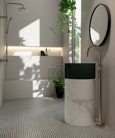 Téléchargez les photos : Lavabo en marbre cylindrique blanc et miroir de vanité rond dans la salle de bain moderne de luxe et banc de douche, étagère murale encastrée, sol en mosaïque à la lumière du soleil depuis la fenêtre pour le design d'intérieur - en image libre de droit