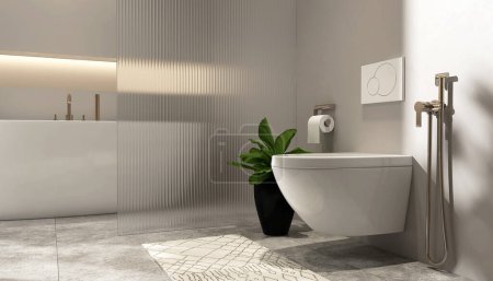 Photo for Modern, luxury wall hung toilet bowl, closed seat with dual flush, reeded glass partition, bidet, tissue paper holder, white bathtub on granite tile floor in sunlight on beige wall background 3D - Royalty Free Image
