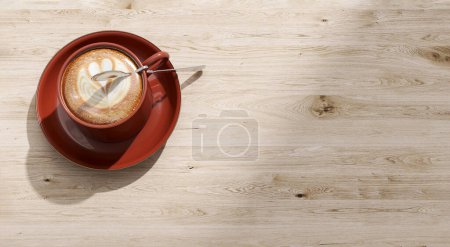 Téléchargez les photos : Vue du dessus de la belle forme de coeur latte art en marron tasse à café rouge, soucoupe sur table en bois avec espace vide à la lumière du soleil dans le café pour l'amour, détente, santé, énergie produit fond 3D - en image libre de droit