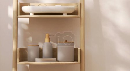 Photo for Modern minimal wooden shelf, gray ceramic jar wood lid, pump head bottle, white tray in sunlight on blank beige wall for luxury cosmetic, skincare, bath, spa, beauty treatment product background 3D - Royalty Free Image