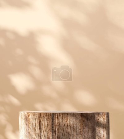 Téléchargez les photos : Table podium en bois rond minimaliste et naturel en lumière du soleil tamisée, ombre de feuille tropicale en mur brun vierge pour une beauté moderne de luxe, cosmétique, biologique, nature, fond d'affichage de produits de mode 3D - en image libre de droit