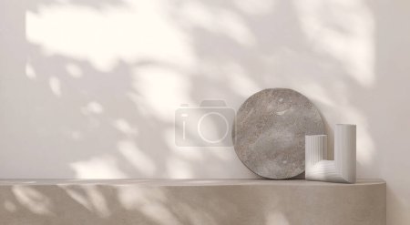 Téléchargez les photos : Contre-podium en ciment brun beige blanc avec texture, lumière du soleil tamisée, ombre à feuilles sur mur blanc, roche ronde plate grise, vase pour cosmétiques bio de luxe, soins de la peau, fond de produit de beauté 3D - en image libre de droit