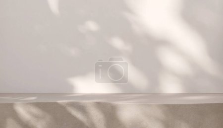 Foto de Contador de curva de cemento marrón beige en blanco podio con textura, suave y hermosa luz solar moteada, sombra de hojas en la pared blanca para cosméticos orgánicos de lujo, cuidado de la piel, tratamiento de belleza fondo del producto 3 - Imagen libre de derechos
