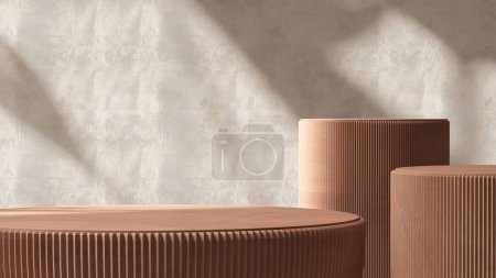 Téléchargez les photos : Trois podium de cylindre rond brun brillant dans le côté ondulé à la lumière du soleil, ombre de feuille sur mur de texture stuc gris pour la beauté biologique de luxe, cosmétique, fond d'affichage du produit de soins de la peau 3D - en image libre de droit