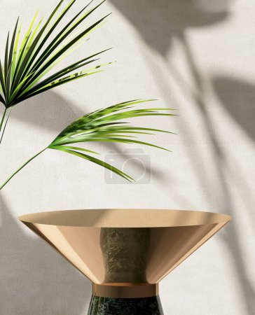 Téléchargez les photos : Table ronde vide brillant podium en or, palmier en bambou vert dans une belle lumière du soleil, ombre à feuilles sur mur en béton blanc pour cosmétiques bio de luxe, soins de la peau, soins de beauté fond du produit 3D - en image libre de droit