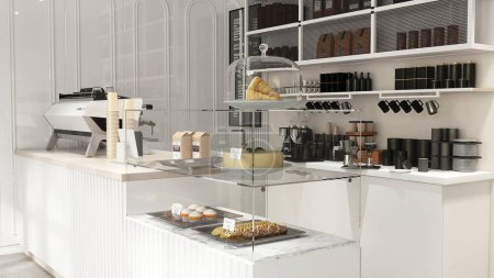 Téléchargez les photos : Café design moderne et luxueux, comptoir ondulé avec machine à expresso, broyeur, tasse à café, réfrigérateur à gâteau, armoire, étagère à la lumière du soleil de la fenêtre sur fond mural en lambris blanc 3D - en image libre de droit