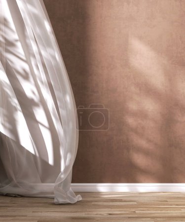 Téléchargez les photos : Rideau transparent blanc soufflant dans une pièce murale en stuc brun de luxe vide, parquet ensoleillé, ombre à feuilles pour la décoration intérieure, flux d'air fond de produit maison 3D - en image libre de droit