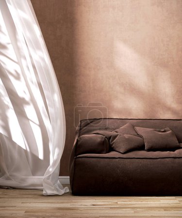 Photo for Dark brown cushion sofa in vintage beige stucco wall room on wood parquet floor with blowing white curtain in sunlight, shadow for interior design decoration, air flow, lifestyle product background 3D - Royalty Free Image