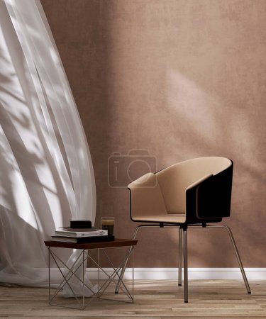 Photo for Mid century design leather chair, steel leg, coffee table, book in vintage beige stucco wall room, parquet floor with blowing white curtain in sunlight, shadow for interior decoration background 3D - Royalty Free Image