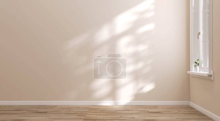 Photo for Empty luxury room with beige wall, white window, white baseboard on maple wooden parquet floor in dappled sunlight, leaf shadow for luxury interior decoration, home appliance product background 3D - Royalty Free Image