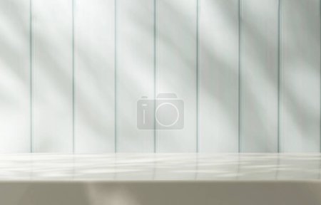 Téléchargez les photos : Table de comptoir en marbre blanc vide moderne et minimal, lumière du soleil tamisée, ombre à feuilles sur le mur en bois bleu pastel pour les cosmétiques biologiques de luxe, les soins de la peau, les soins de beauté fond du produit 3D - en image libre de droit