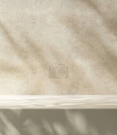 Photo for Modern, minimal empty white marble counter table top, in dappled sunlight, leaf shadow on cream cracked, old texture wall for luxury organic cosmetic, skincare, beauty treatment product background 3D - Royalty Free Image