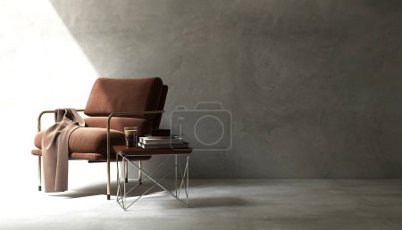 Foto de Cojín marrón silla retro con pata de acero dorado, mesa auxiliar superior de madera, libros, pastel y vaso de café en limpio, pared de cemento pulido en blanco, espacio de piso para loft diseño de interiores fondo del producto 3D - Imagen libre de derechos