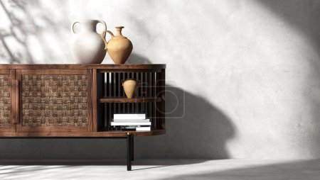 Photo for Antique wooden cabinet, with rattan door and clay vase in sunlight, shadow on clean, blank polished cement wall, floor for interior design decoration, furniture product background 3D - Royalty Free Image