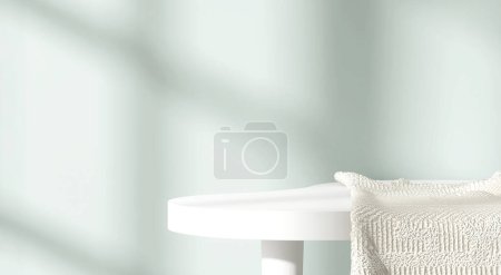 Téléchargez les photos : Table ronde blanche minimaliste et moderne en lumière du soleil, serviette, grilles de fenêtre ombre sur le mur bleu turquoise pastel vert pour les cosmétiques de luxe, soins de la peau, soins de beauté fond d'affichage du produit 3D - en image libre de droit