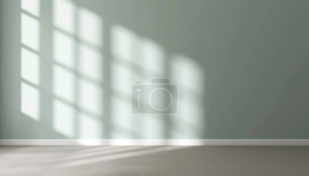Téléchargez les photos : Chambre de luxe vide avec mur turquoise vert menthe, plinthe sur sol gris tapis à la lumière du soleil de la fenêtre, ombre pour la décoration intérieure, arrière-plan du produit appareil ménager 3D - en image libre de droit