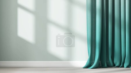 Photo for Turquoise blue curtain drape in sunlight, window grille shadow on pastel green wall, gray carpet floor for modern interior design decoration, luxury fashion, beauty product background 3D - Royalty Free Image
