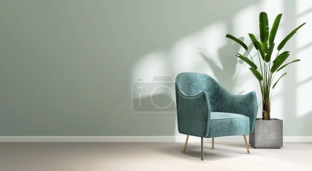 Photo for Turquoise blue retro mid century cushion armchair, tropical banana tree in concrete pot in sunlight on pastel green wall, gray parquet floor living room for luxury interior design background 3D - Royalty Free Image