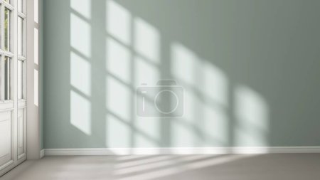 Photo for Empty luxury room with mint green turquoise wall, white door with glass panel, baseboard on gray carpet floor in sunlight, shadow for interior decoration, home appliance product background 3D - Royalty Free Image