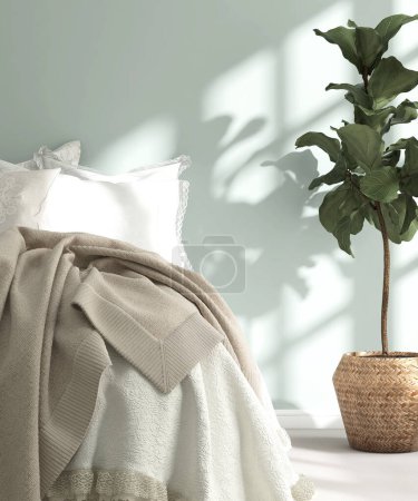 Photo for Bed with brown cover sheet, cream white embroidered pillowcase, cushion, green fiddle leaf fig tree in rattan pot in sunlight, shadow on pastel turquoise blue wall bedroom for decoration background 3D - Royalty Free Image
