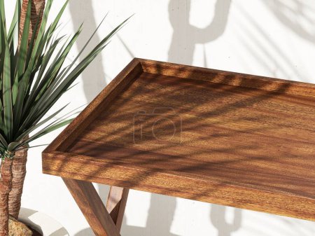 Photo for Brown wooden rectangle pedestal side table tray podium, tropical dracaena tree in sunlight, leaf shadow on white cement wall. Luxury organic cosmetic, skincare, body care, beauty product background 3D - Royalty Free Image
