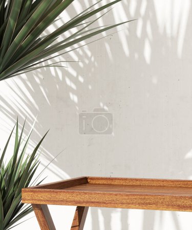 Téléchargez les photos : Plateau de table rectangulaire en bois brun podium, arbre dracaena tropical à la lumière du soleil, ombre de feuille sur mur de ciment blanc. Cosmétique bio de luxe, soins de la peau, soins du corps, fond de produit de beauté 3D - en image libre de droit