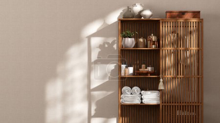 Photo for Natural brown bamboo wood wardrobe, shelf in sunlight, shadow on blank beige fabric texture wallpaper wall for interior design decoration, luxury beauty, skincare, body care, spa product background 3D - Royalty Free Image