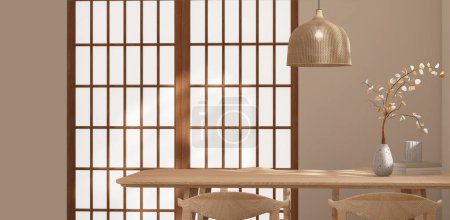 Foto de Mesa de comedor de madera mínima con ramita en jarrón, silla, luz colgante de ratán en habitación de pared beige con puerta shoji japonesa tradicional para decoración de diseño de interiores, pantalla de producto de lujo de fondo 3D - Imagen libre de derechos