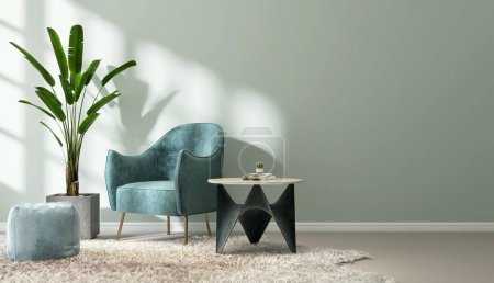 Photo for Turquoise blue retro mid century cushion armchair, fur rug, tropical banana tree, stool, coffee table in sunlight on pastel green wall, gray parquet floor living room for luxury interior background 3D - Royalty Free Image