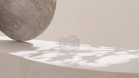 Foto de Contra podio de hormigón curva beige en blanco con textura, luz solar suave, sombra de hoja en la pared, roca redonda plana gris para cosméticos de verano de lujo, cuidado de la piel, belleza producto abstracto arte 3D - Imagen libre de derechos