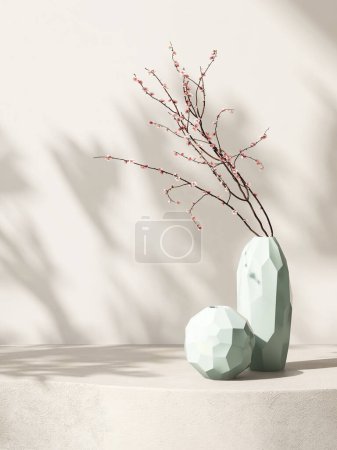 Téléchargez les photos : Contre-podium en béton beige blanc courbe de texture, fleur de cerisier en vase turquoise à la lumière du soleil, ombre de feuille sur mur blanc pour cosmétiques bio de luxe, soins de la peau, fond du produit de soins de beauté 3D - en image libre de droit