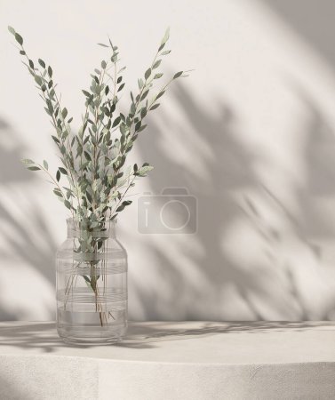 Photo for Blank beige concrete texture curve counter podium, tree twig bouquet in glass vase in sunlight, leaf shadow on white wall for luxury organic cosmetic, skincare, beauty treatment product background 3D - Royalty Free Image