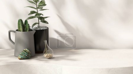 Foto de Contador de curva de textura de hormigón beige en blanco podio, olla gris negra de cactus, árbol de caucho indio a la luz del sol, sombra de hojas en la pared para cosméticos de lujo, cuidado de la piel, tratamiento de belleza fondo del producto 3D - Imagen libre de derechos