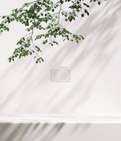 Téléchargez les photos : Table de comptoir en marbre blanc moderne et minimaliste, arbre tropical à la lumière du soleil, ombre à feuilles sur fond de mur de texture en béton pour les cosmétiques biologiques frais de luxe, les soins de la peau et les produits de beauté 3D - en image libre de droit