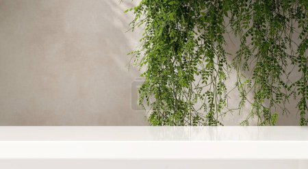 Photo for Luxury, glossy empty white marble stone counter table, foliage of tropical hanging tree branch in sunlight on beige stucco wall for organic cosmetic, skincare, beauty treatment product background 3D - Royalty Free Image