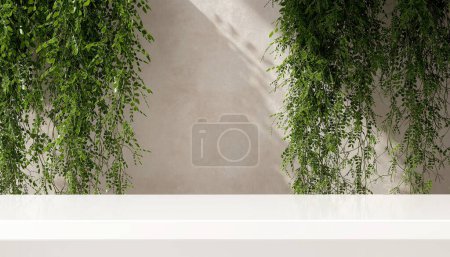 Photo for Luxury, glossy empty white marble stone counter table, foliage of tropical hanging tree branch in sunlight on beige stucco wall for organic cosmetic, skincare, beauty treatment product background 3D - Royalty Free Image