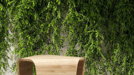 Foto de Mesa de madera de grano de roble de diseño geométrico moderno, follaje de rama de árbol colgante tropical a la luz del sol en la pared de estuco beige para cosméticos orgánicos, cuidado de la piel, tratamiento de belleza fondo del producto 3D - Imagen libre de derechos