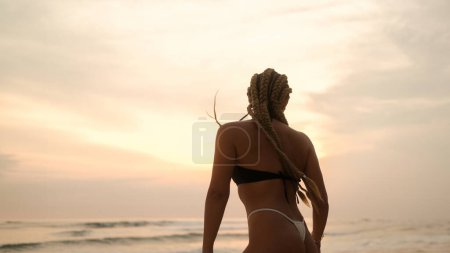 Photo for Rear view of a young sexy woman with braids in a bikini on the beach at sunset against the backdrop of the red setting sun. Tropical island vacation concept banner. Braiding studio. - Royalty Free Image