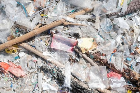 Photo for Close-up of a beach polluted with plastic waste. Global environmental disaster, mountains of garbage on the beach that came from the ocean. Empty used dirty plastic bottles and other chemical waste. - Royalty Free Image