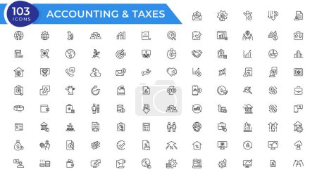 Taxes and accounting line icons collection. Big UI icon set in a flat design. Thin outline icons pack. Vector illustration