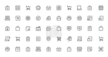 Ilustración de E-Commerce line icons set. E-Commerce outline icons collection. Shopping, online shop, delivery, marketing, store, money, payment, price - Imagen libre de derechos