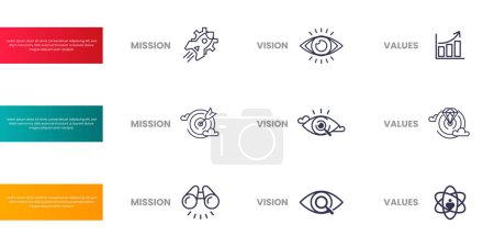 Téléchargez les illustrations : Mission, Vision and Values of company with text. Company infographic Banner template. Modern flat icon design. Abstract icon. Purpose business concept. Mission symbol illustration. Abstract eye. Business vision presentation - en licence libre de droit