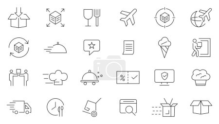Essenslieferdienst Icon Set. Umrisse der Sammlung von UI-Symbolen. Enthält Bestellverfolgung, Lieferung nach Hause, Lager, LKW, Roller, Kurier und Fracht-Symbole. Schiffssymbol.